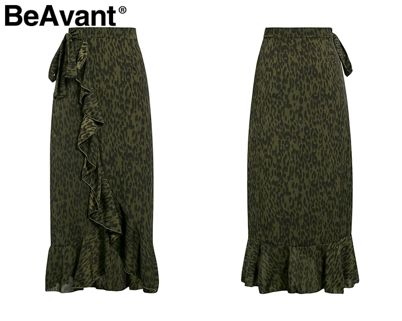 BeAvant Elegant leopard print women maxi skirt High waist ruffled asymmetrical female long skirt Side bow tie autumn lady skirts