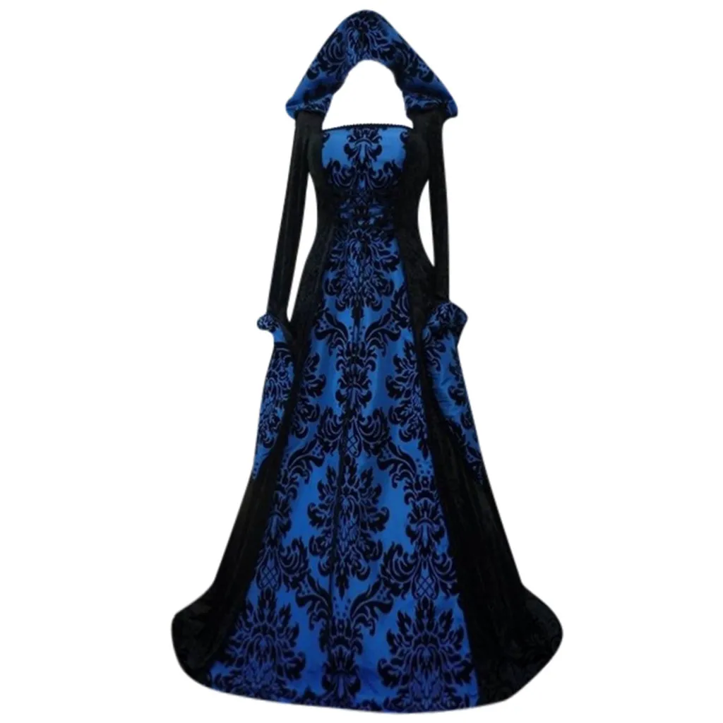 Винтажное платье женское готическое длинное вечернее платье макси с длинным рукавом и капюшоном, платья для вечеринок, свободный квадратный воротник, халат femme, большие размеры 5XL - Цвет: Blue