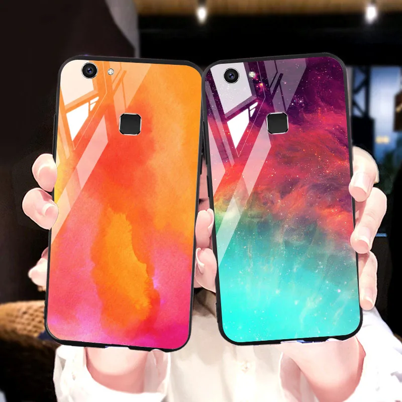 Красочная стеклянная крышка для Vivo V7 plus Мягкий стеклянный чехол ПК + TPU закаленное