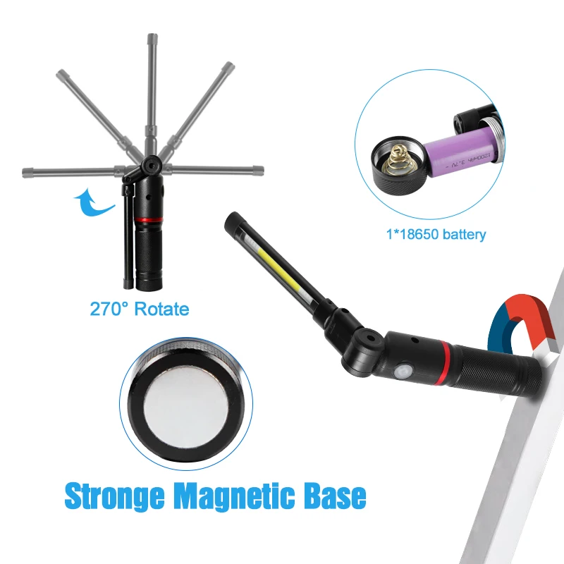 LED Rechargeable Work Light Foldable with Magnetic Base 270&deg; Rotate Waterproof 4 Modes
