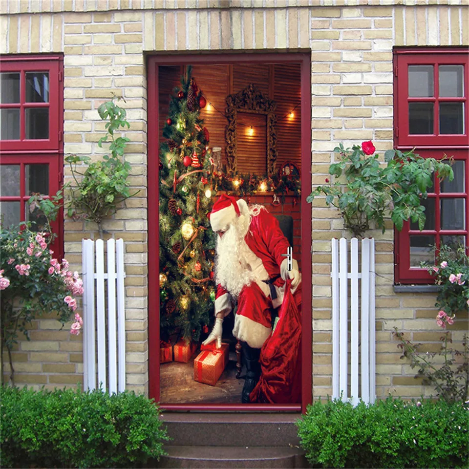 Наклейка на дверь Рождественская елка обои ПВХ самоклеющиеся водонепроницаемый плакат съемные настенные художественные наклейки домашний декор deurposter - Цвет: MT124