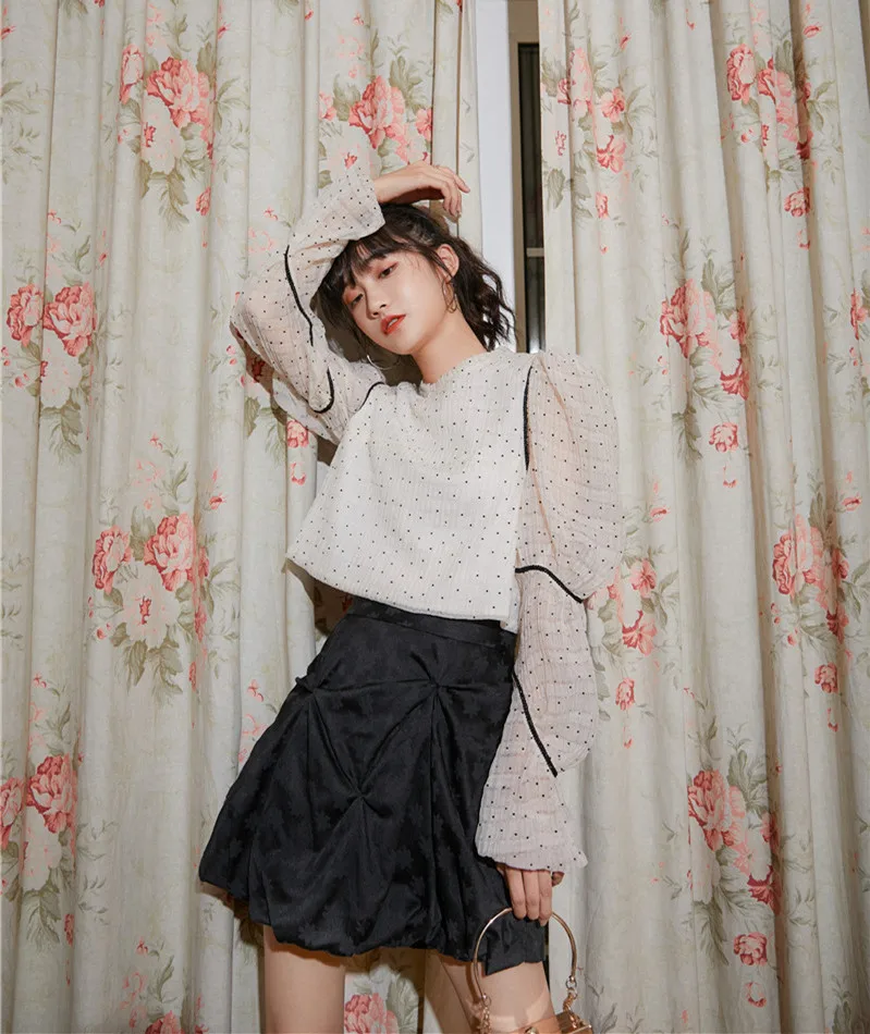 LANMREM 2020 round neck full sleeves autumn polka dots fashion women clothes white color pullover shirt female top WN
