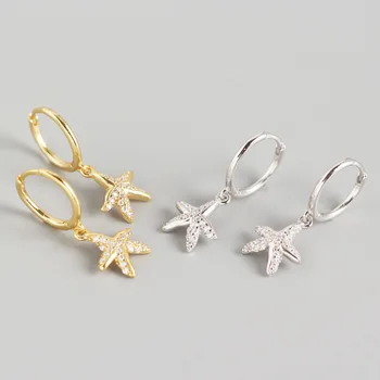 

100% Real 925 Sterling Silver Star Earrings for Women Europe Zircon Starfish Pendant Hoop Earring Fine Jewelry Gifts