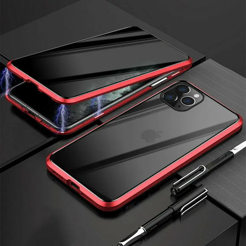 Красный Для iPhone 11 Pro Max XS MAX X XR 7 8 6 6S Plus антишпионский двойной стеклянный Передний+ задний чехол с магнитной застежкой металлический чехол для телефона - Цвет: Красный