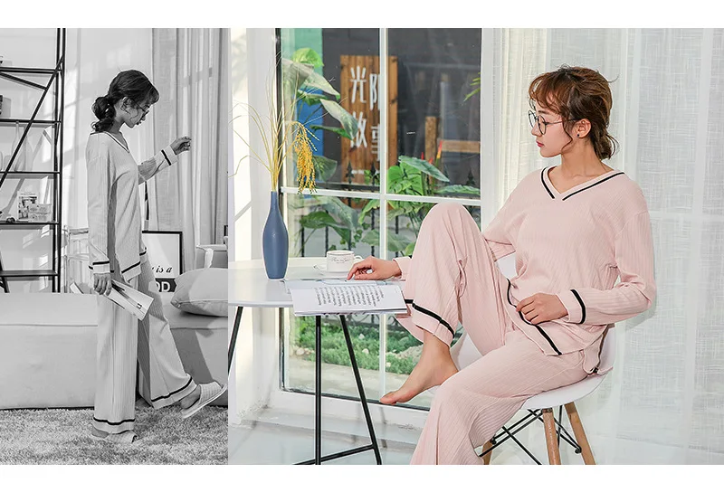 Autumn New Pyjamas Ladies Cotton V-neck Pajamas Strip Simple Long-sleeved Two-piece Pajama Set Solid Sleepwear Home Clothes