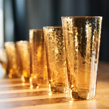 

Japan Style Hand Hammer Glass Simple Amber Water Tumbler Large Capacity Household Gold Beer Mug Whiskey Glasses Juice Drink Cups
