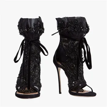 

Runway Black Lace Women Summer Boots Gladiator Sandals Peep Toe High Heels Sexy Beading Dress Shoes Woman Stilettos