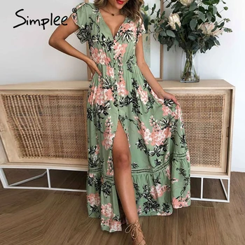 

Simplee V neck floral print holiday beach dress women Ruffle short sleeve buttons female beach dress Spring summer ladies dress