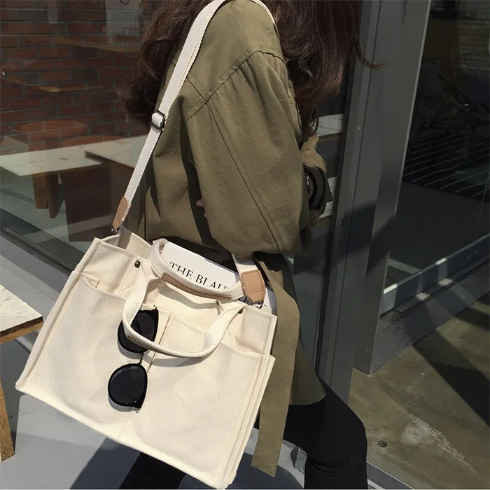 

Women Tote Bag Canvas Fashion Solid Hasp Korean Ladylike High-capacity Shoulder Bag Handbag Lot Of Pockets School Bag