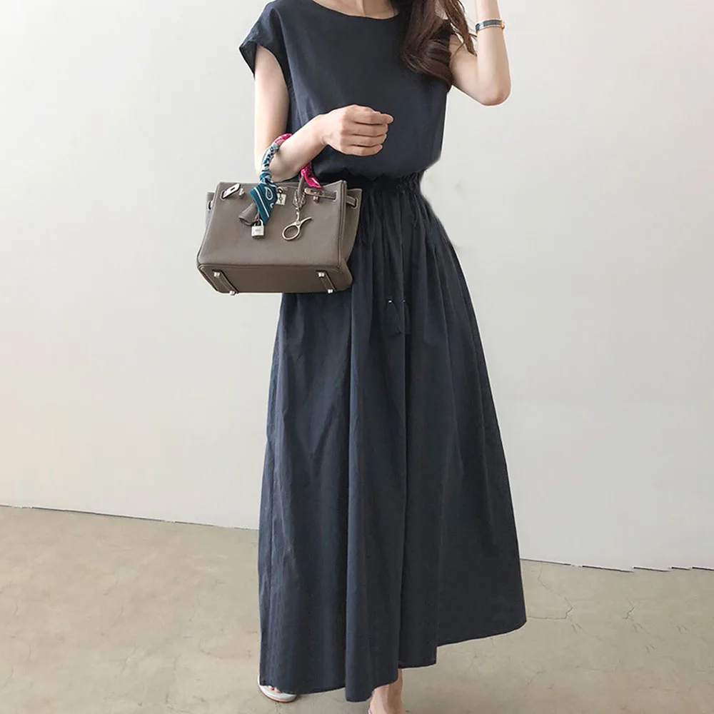 

Woman Simple Korean Dress 2020 Summer Fashion Causal Beach Chic Dresses Solid Black Elegant Lace Up Japanese Style Young Girl
