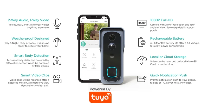 Tuya Smart Life беспроводной WiFi 1080P видео дверной звонок Облачное хранилище 128G TF карта дверной звонок с батареей и колокольчиком