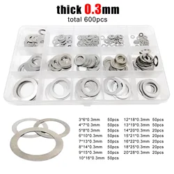 600 - Piece Ultra - Thin Stainless Steel Flat Washer and Adjusting Shim Assortment Kit (Thick 0.3mm)