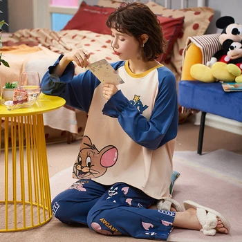 

Women Cotton Pajamas Set Cute Cartoon Homewear Women Home Clothes Lounge Wear Autumn Long Sleeve Female Pajamas Cotton Sleepwear