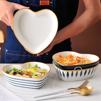 

Glazed Ceramic Creative Net Red Cute Dessert Bowl Japanese Tableware Heart-Shaped Oatmeal Salad Bowl Baking Mold