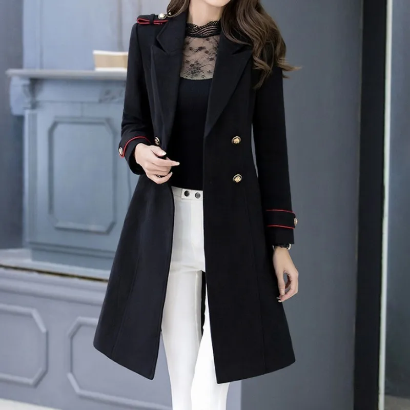 

Elegant Double Breasted Woolen Coat Women Korean Style Slim Business Long Suit Jacket High Quality Black Overcoat Plus Size 4XL