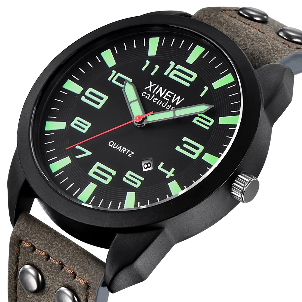 Men's Leather strap Date Casual Analog Quartz Wrist Watch Gifts calendar lumious big dial sports charm life waterproof watch | Наручные
