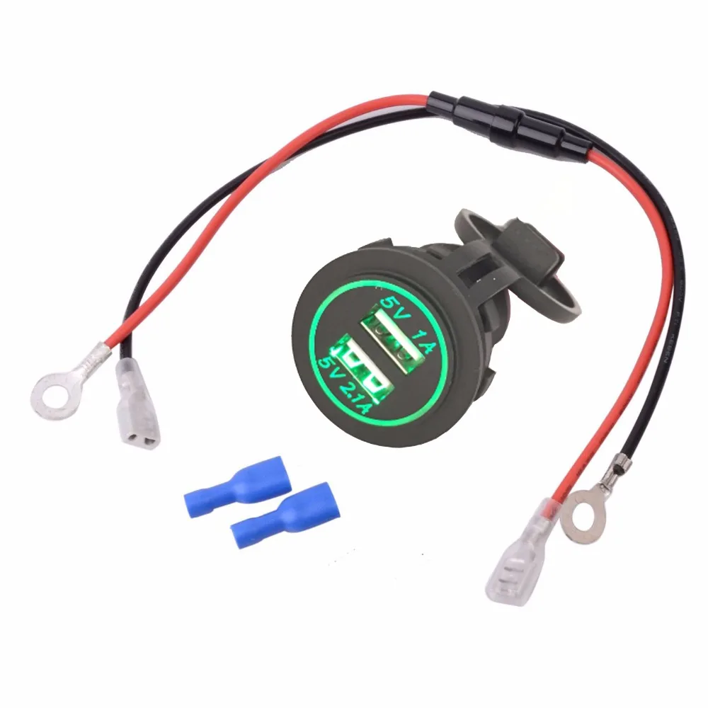 DIY водонепроницаемый двойной USB Автомобильное зарядное устройство адаптер 2.1A 1A Мотоцикл Зарядное устройство синий зеленый красный оранжевый 25 см кабель предохранитель