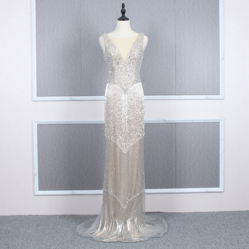 

Silver V Neck Mermaid Evening Dresses Dubai Tassel long formal Prom Party Gowns Dubai Abaya Kaftan Kleider