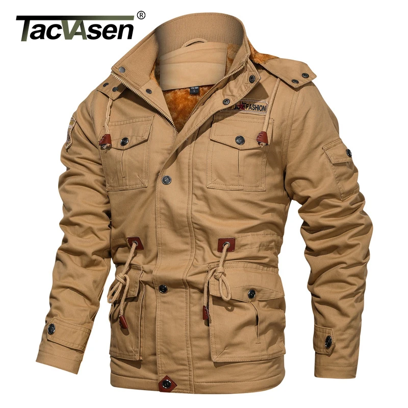 TACVASEN зимняя флисовая куртка-карго с капюшоном мужская повседневная хлопковая военная куртка-бомбер теплая ветрозащитная парка пальто с несколькими карманами