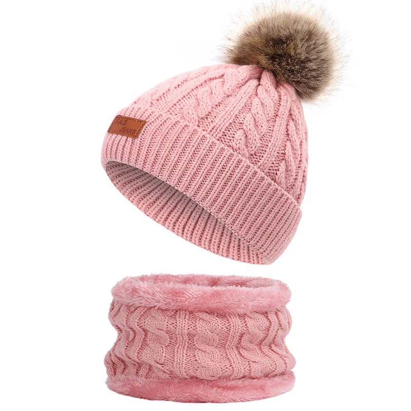 Вязаный твист детский набор шапки и шарфа шапки для новорожденных с помпонами для мальчиков детская чалма шапочка шапки для девочек хлопок зимний головной убор хит - Цвет: Лаванда