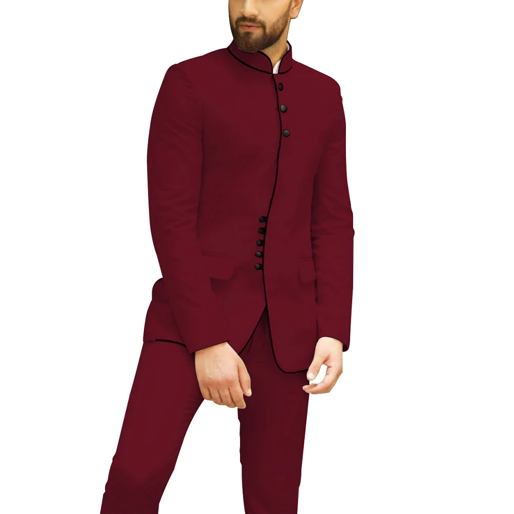 Вечерние мужские костюмы с воротником «Мандарин», комплект из 2 предметов, свадебный банкет, платье для жениха, деловой умный Повседневный скромный мужской костюм s(Блейзер+ брюки - Цвет: burgundy