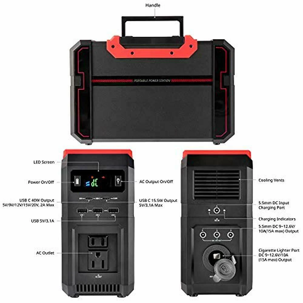 Портативная электростанция 444Wh, литиевая батарея, солнечный генератор, резервный источник питания с 110 В, 220 В, AC Розетка, автомобильный порт, выход типа C
