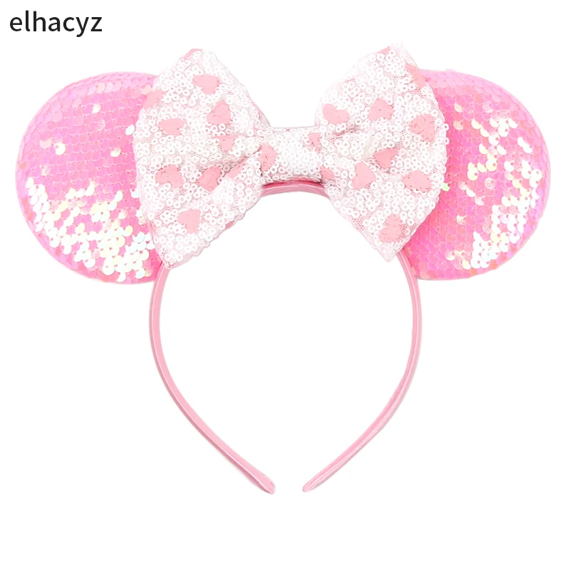 New 3.3'' Pink Reversible Sequins Mouse Ears Headband Girls Princess Party Hairband Women Hair Bow Kids Hair Accessories