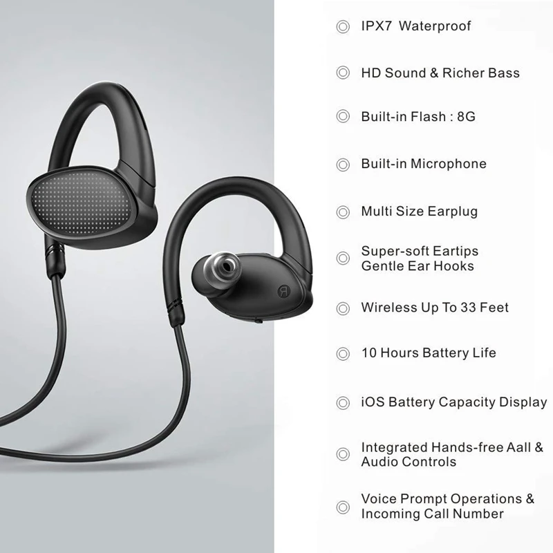 OVEVO X9 водонепроницаемые Bluetooth наушники IPX7 технология защиты от пота Беспроводные спортивные наушники с микрофоном Встроенная память 8 Гб черный