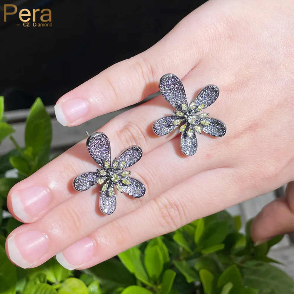 Pera Pretty Big Flower Shape Charm Giallo Viola Cz Stone Gun Black Gold Color Dinner Party Jewelry Stud E816