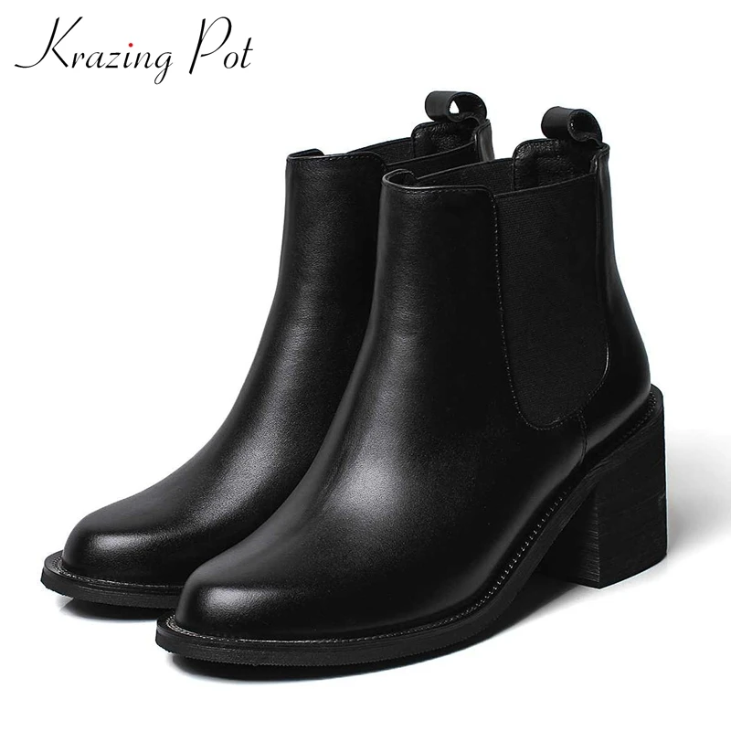 

krazing pot cow leather Chelsea boots round toe high heels classic basic simple style black winter warm fashion ankle boots L93