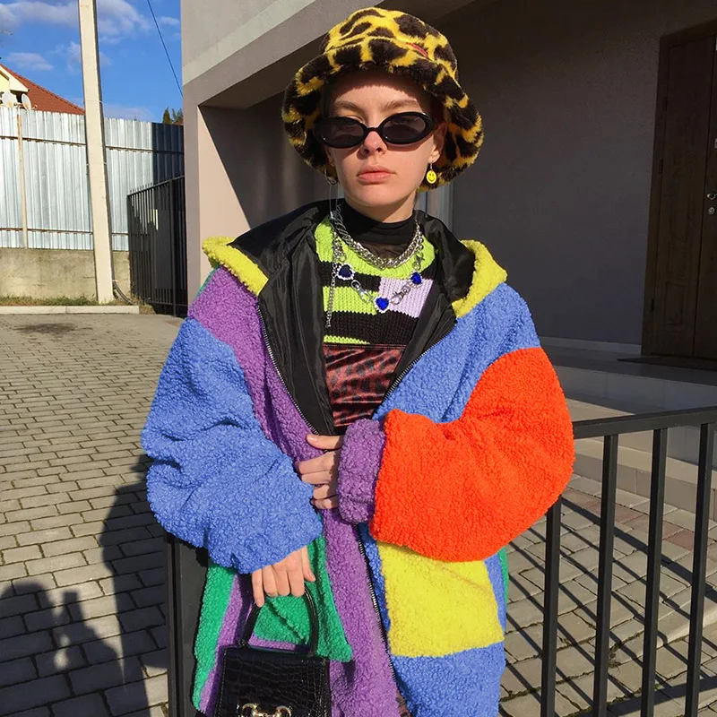 

Rainbow Casual Loose Teddy Faux Fur Coat Lambswool Oversized Hooded Woman Jacket Autumn Winter Fluffy Overcoat Female Wear