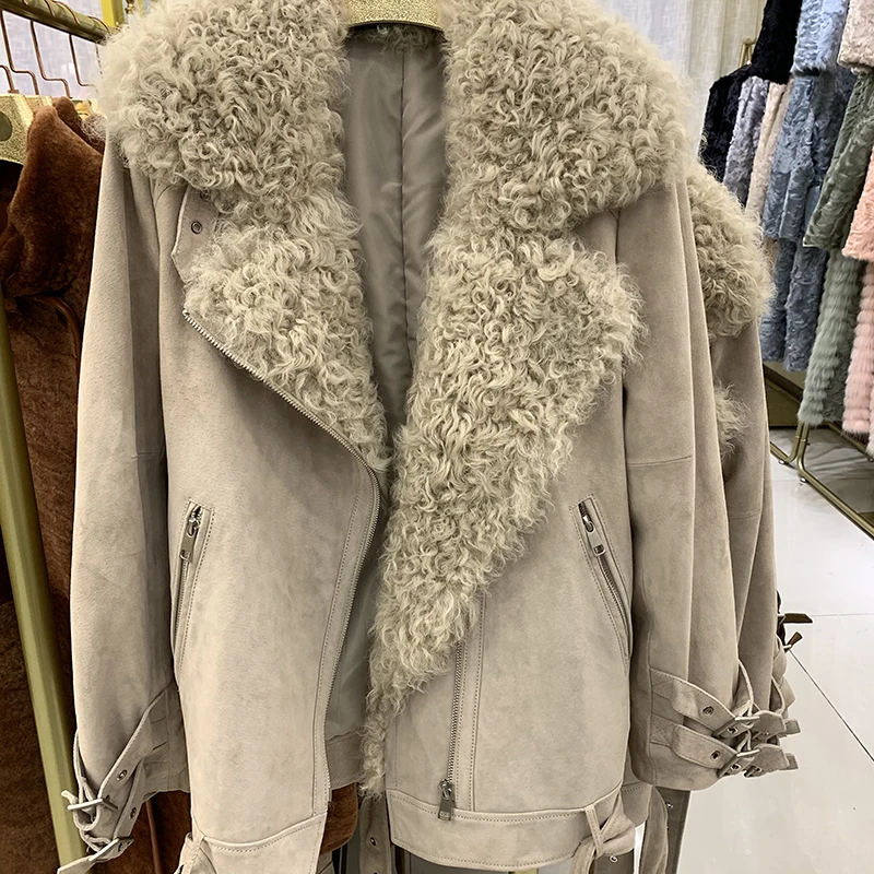 Rf2051 Женская куртка из натуральной кожи с натуральным мехом ягненка, пальто Авиатор, модное зимнее замшевое пальто с поясом - Цвет: Suede Beige