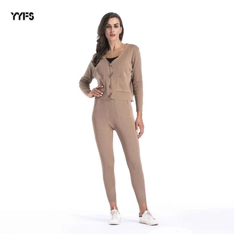 

Amazon WOMEN'S Two-piece Suit 2019 New Style Autumn And Winter Solid Color Foreign Trade Fashion Casual Knitted Cardigan Trouser