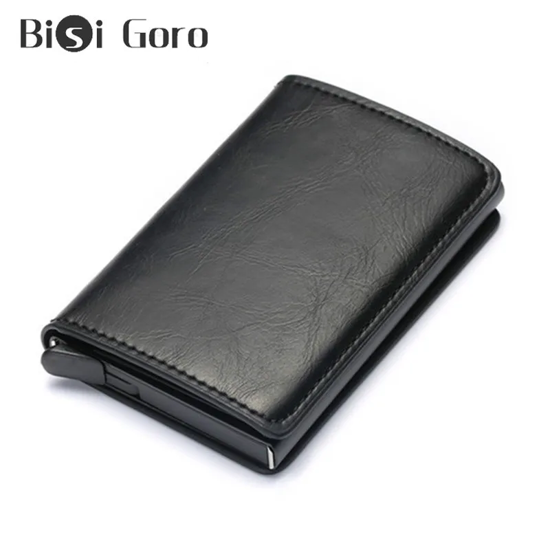 

BISI GORO Anti-thief Men Credit Card Holder Blocking Rfid Minimalist Wallet Bag Metal Leather Business ID Card Case Cardholder