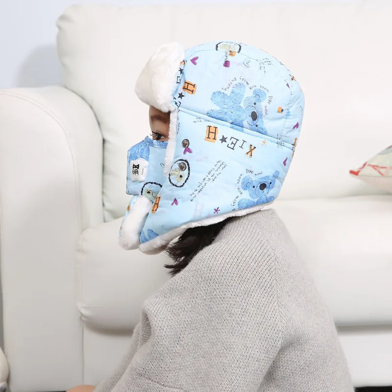 bear blue Зимняя шапка для шеи, теплые мужские и женские Лыжные шапки, бархатная защита ушей от смога, снежные шапки для улицы, детская маска, шапка-бомбер - Цвет: bear blue