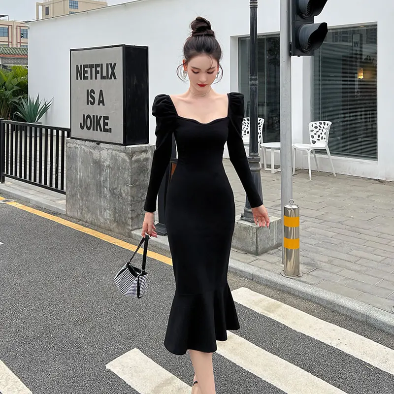 Vintage Long Sleeve Bodycon Black Dress Women New Spring Elegant Night  Mermaid Vestido Longo Sexy Backless Party Evening Dresses