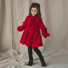 Платье для девочек-подростков; коллекция года; зимнее утепленное рождественское платье для девочек; Красное Кружевное праздничное платье принцессы с бантом; детская одежда