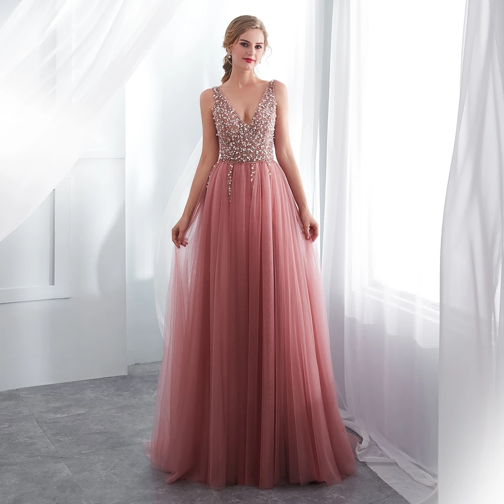 

Dresses 2019 V neck Pink High Split Tulle Sweep Train Sleeveless Evening Gown A-line Lace Up Backless Vestido