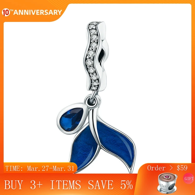 

CodeMonkey 100% 925 Sterling Silver Ocean Blue Enamel Fish Whale's Tail CZ Pendant Charm fit Charm Bracelet DIY Jewelry C473