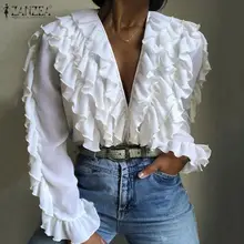 Aliexpress - Fashion Elegant V Neck Long Sleeve Blouse Women Ruffles Shirt ZANZEA Spring Casual Flounce Solid Tops Female Work OL Blusas 5XL