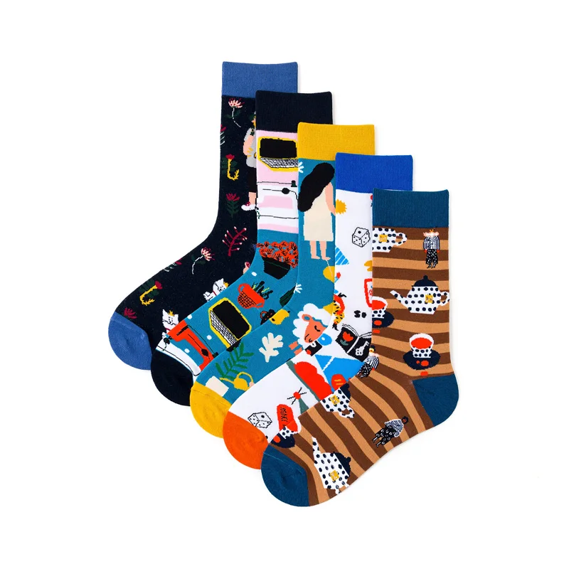 New Happy Mens Socks Women Cartoon Girls Print Combed Cotton Funny Crew Sock Skateboard Cycling Running Wedding Christmas Gifts