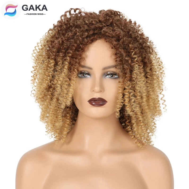 

GAKA Short Blonde Kinkly Curly Synthetic Afro Wigs with Highlights Africa American Red Ombre Wig for Black Women