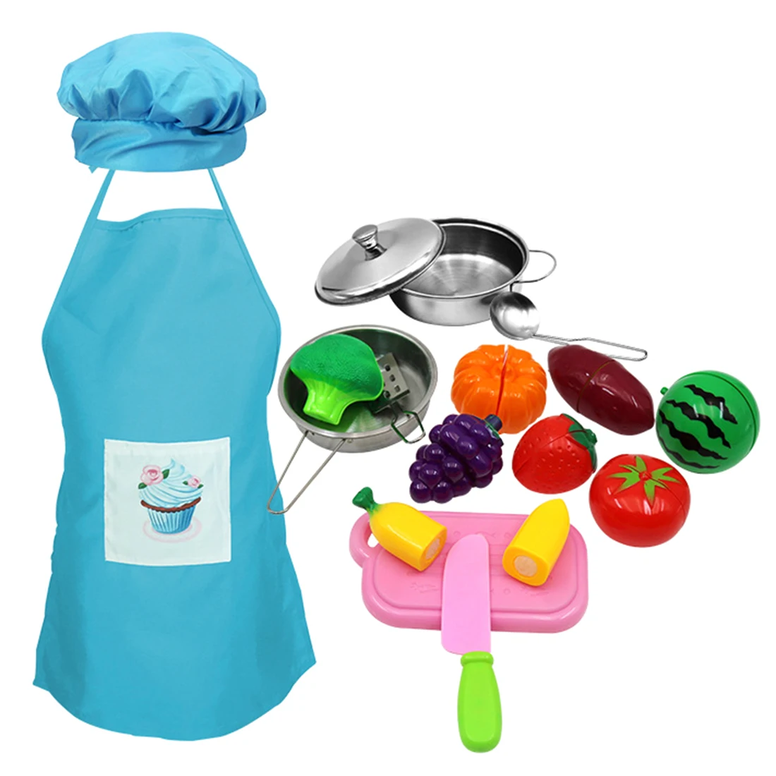 24Pcs Children Stainless Steel Pretend Kitchen Cooking Utensils Cookware Playset With Apron And Hat Education Toy Gift For Kids - Цвет: Синий