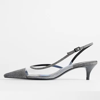 

WEIQIAONA Spring and summer low heel stiletto pointed shoes gauze breathable Bright plastic sandals foot ring strap