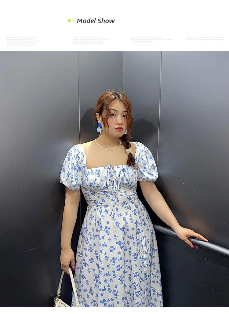HOUZHOU Vintage Plus Size Floral Dress Women 4XL Elegant Square Collar Split A-line Midi Dress Summer Korean Fashion Streetwear