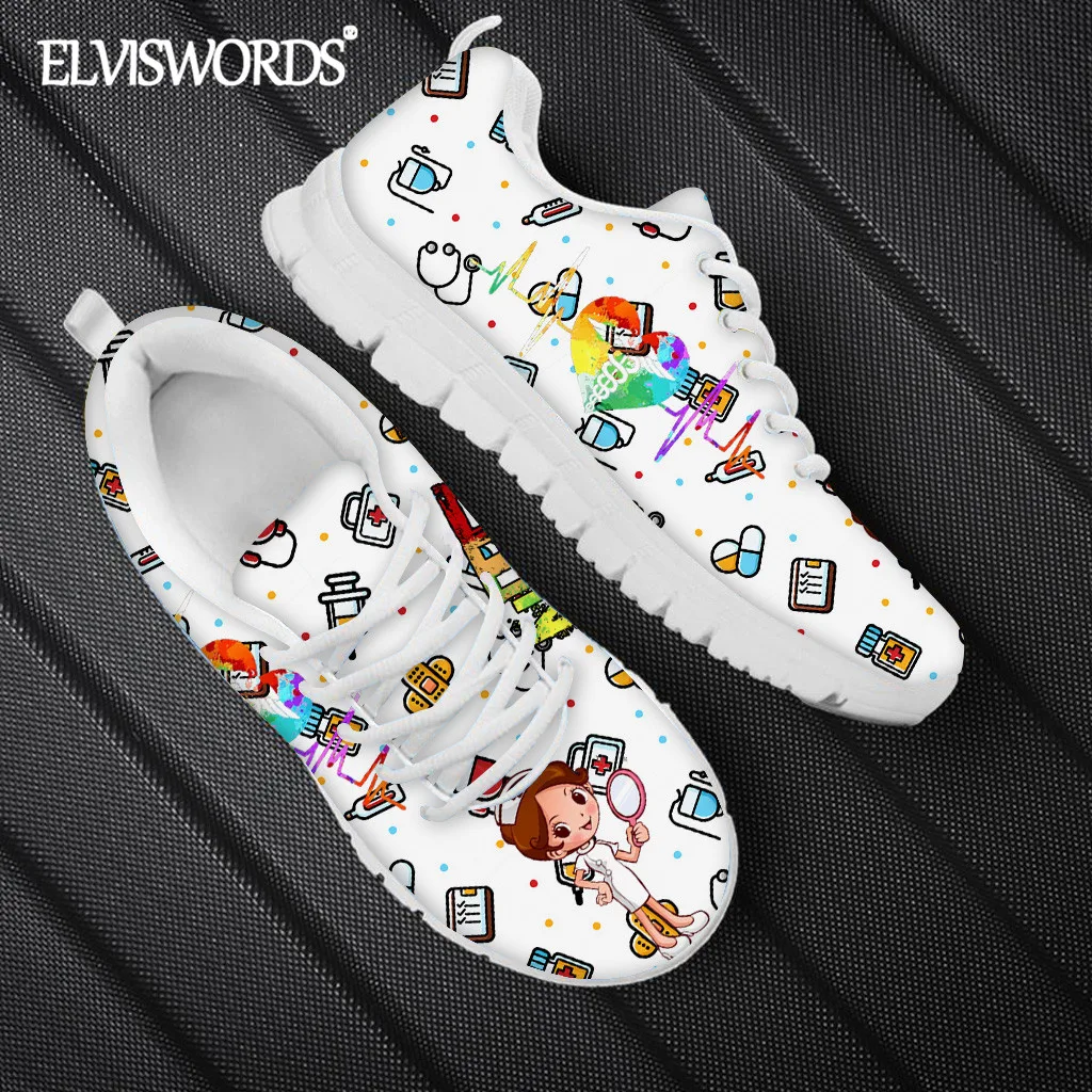 ELVISWORDS-zapatillas deportivas Kawaii con dibujo de enfermera para mujer, zapatos planos informales para la salud, diseño paramédico, transpirables, 2021
