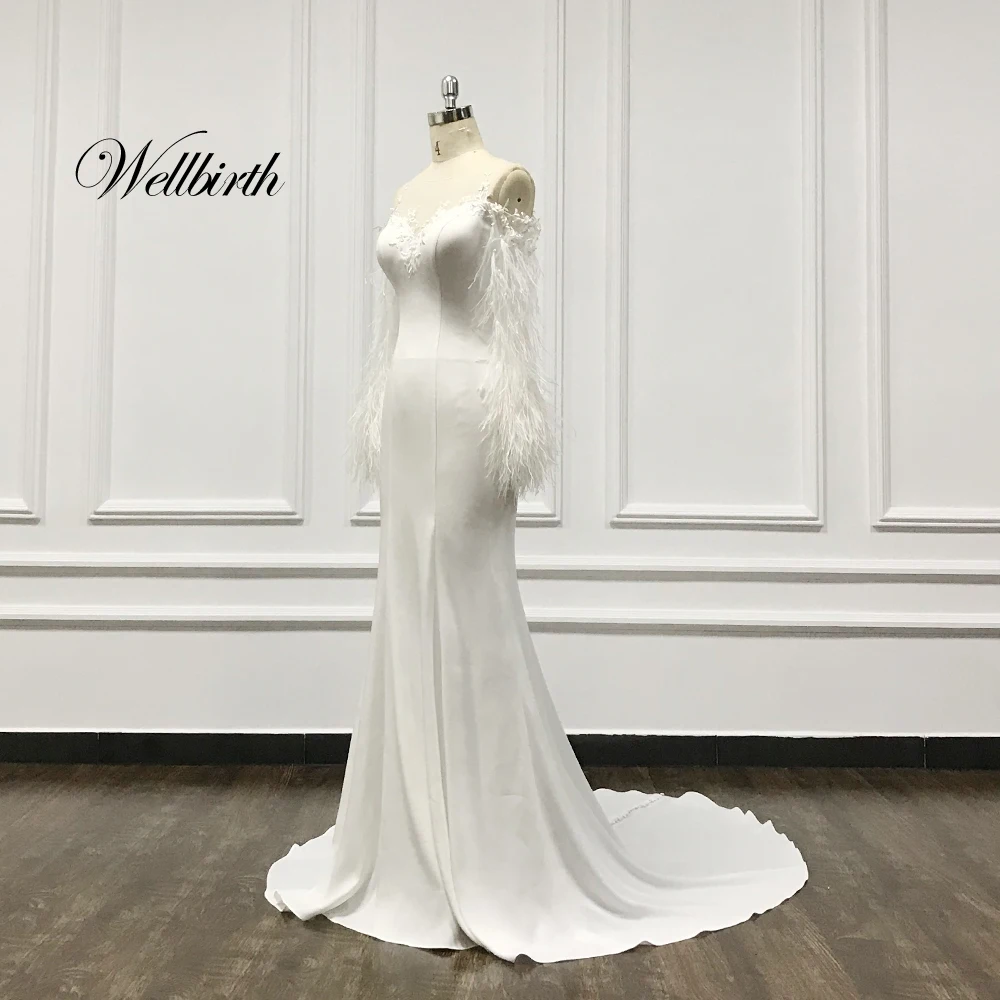 Реальное изображение Wellbirth Vestido de novia атласное свадебное платье русалки с рукавами из страусиных перьев, свадебное платье TT013