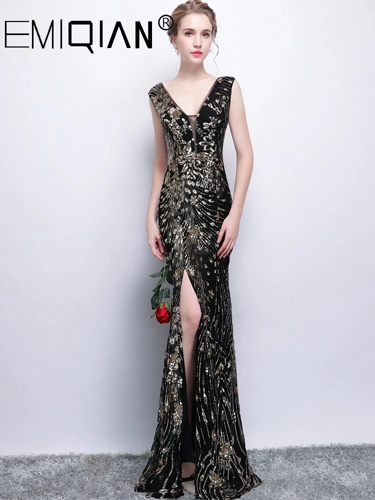 Robe de soiree, бисерное вечернее платье, вечернее платье русалки, Черное длинное вечернее платье с золотыми блестками