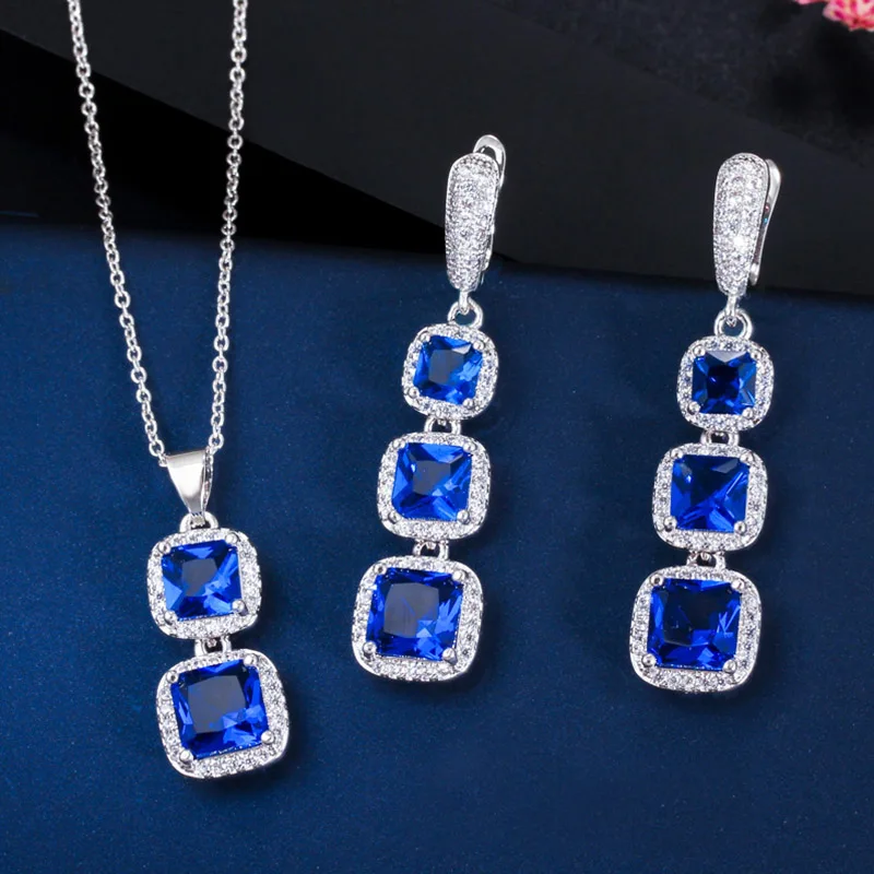 Silver Blue Pera классический красный квадрат кубическая циркония длинные висячие серьги и подвески ожерелья для женщин модные ювелирные изделия с фианитами наборы J279 - Окраска металла: Silver Blue
