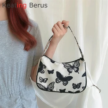 

Nylon Hand Bags For Women 2020 Tutterfly Pattern Vintage Retro Lady Tiny Handbag Organizer Totes Sac Baguette Femme Shoulder Bag
